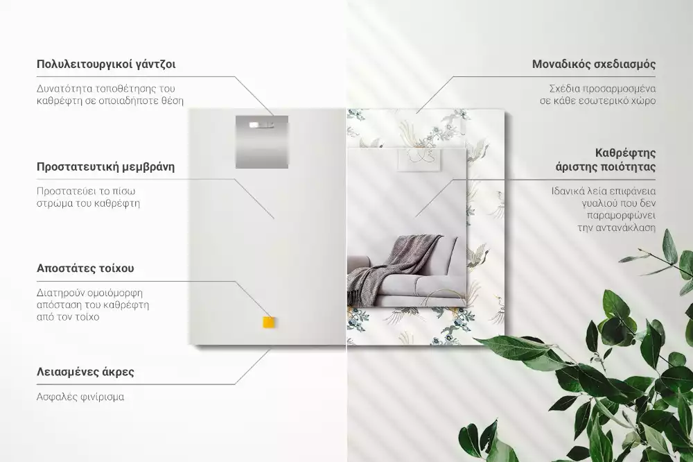 Oglindă decorativă de perete dreptunghiulară cu model păsări și flori