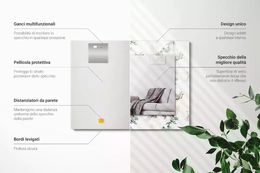 Oglindă decorativă de perete dreptunghiulară cu model păsări și flori