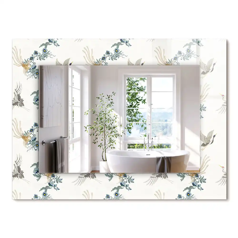 Oglindă decorativă de perete dreptunghiulară cu model păsări și flori