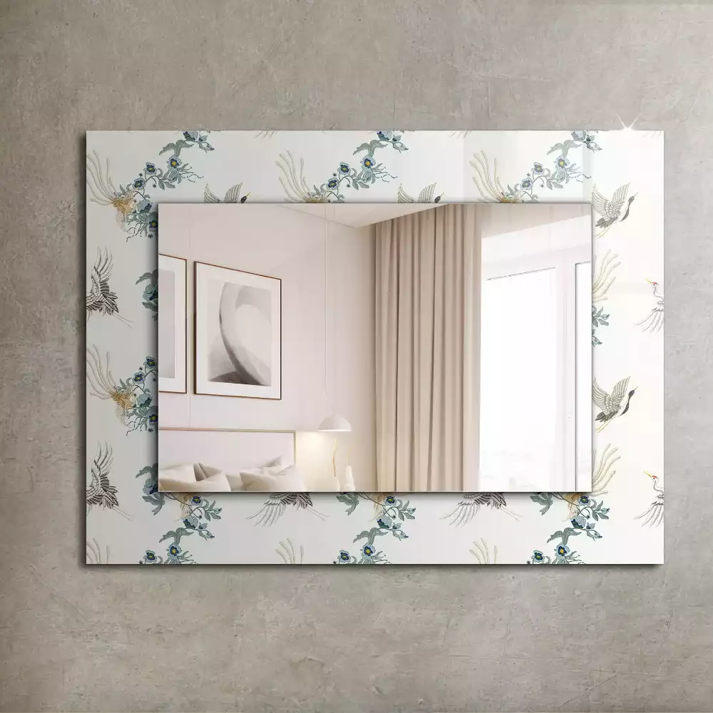 Oglindă decorativă de perete dreptunghiulară cu model păsări și flori
