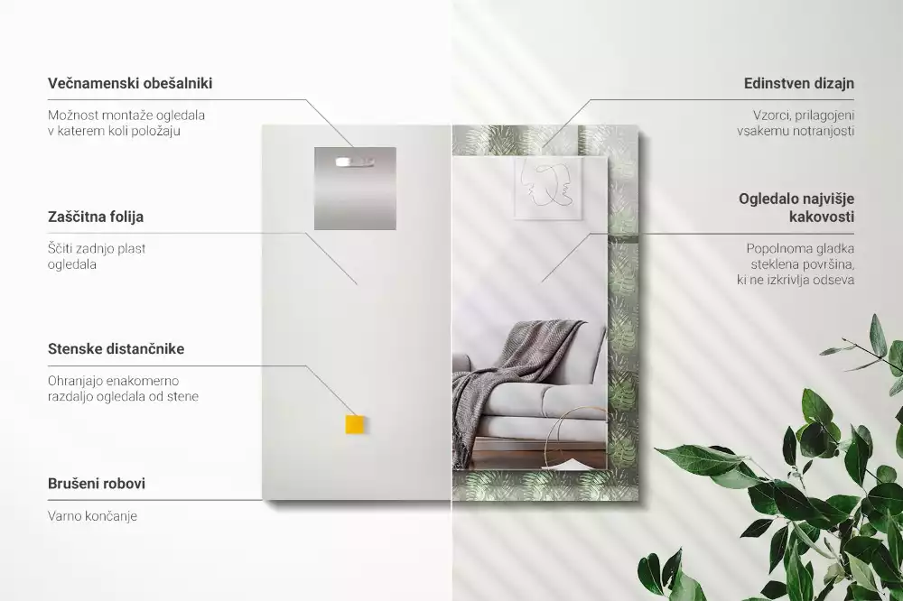 Oglindă dreptunghiulară cu imprimeu frunze tropicale
