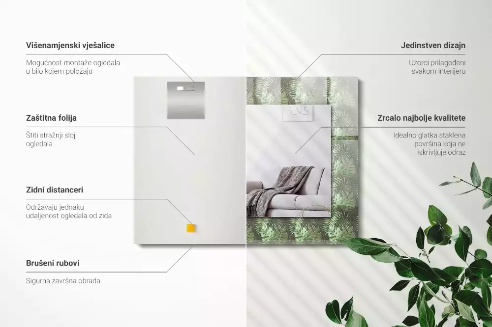 Oglindă dreptunghiulară cu imprimeu frunze tropicale