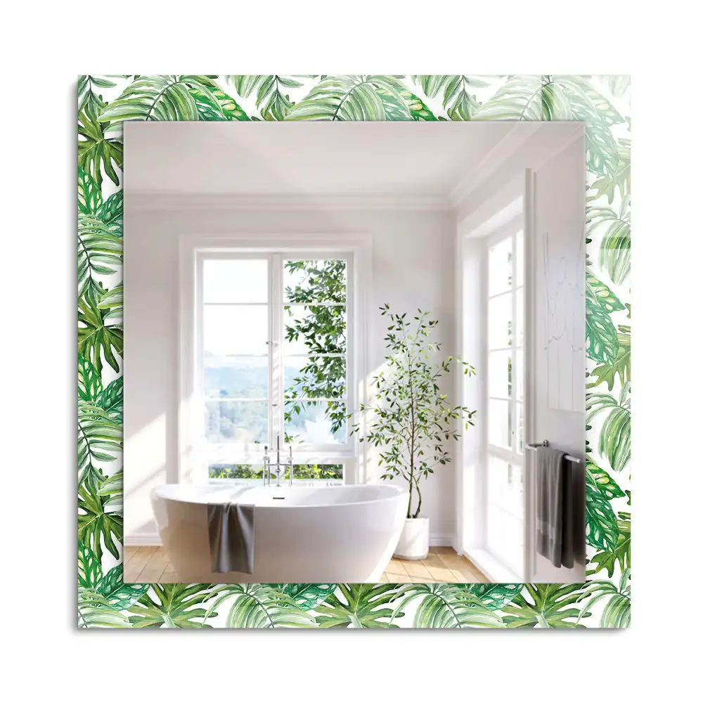 Oglindă dreptunghiulară cu ramă imprimeu frunze tropicale verzi