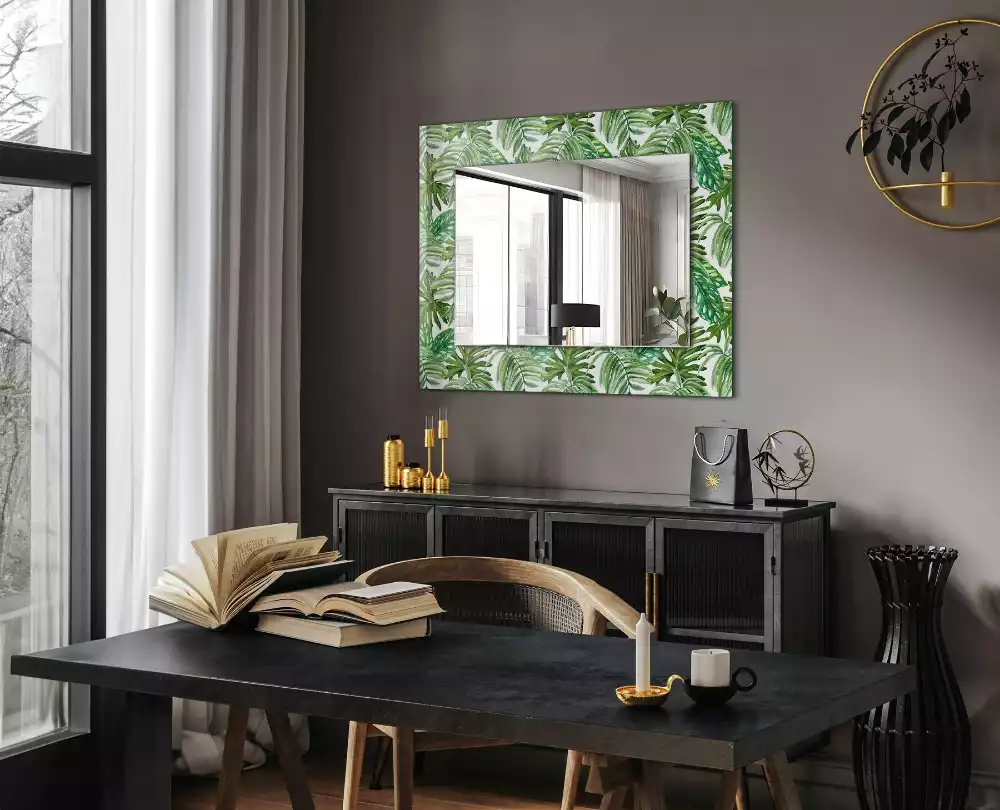 Oglindă dreptunghiulară cu ramă imprimeu frunze tropicale verzi