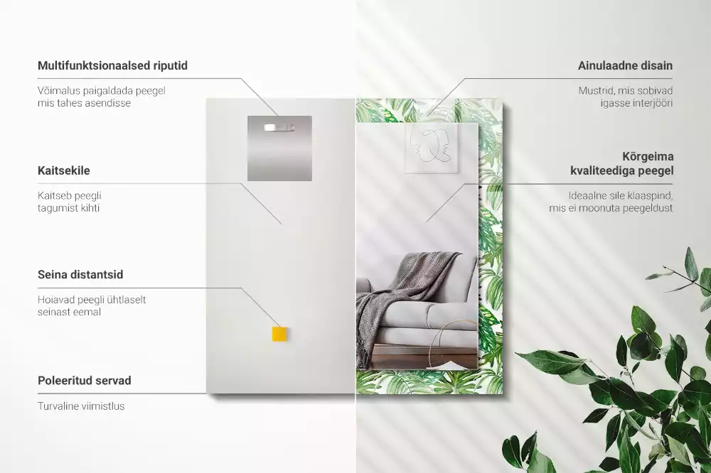 Oglindă dreptunghiulară cu ramă imprimeu frunze tropicale verzi