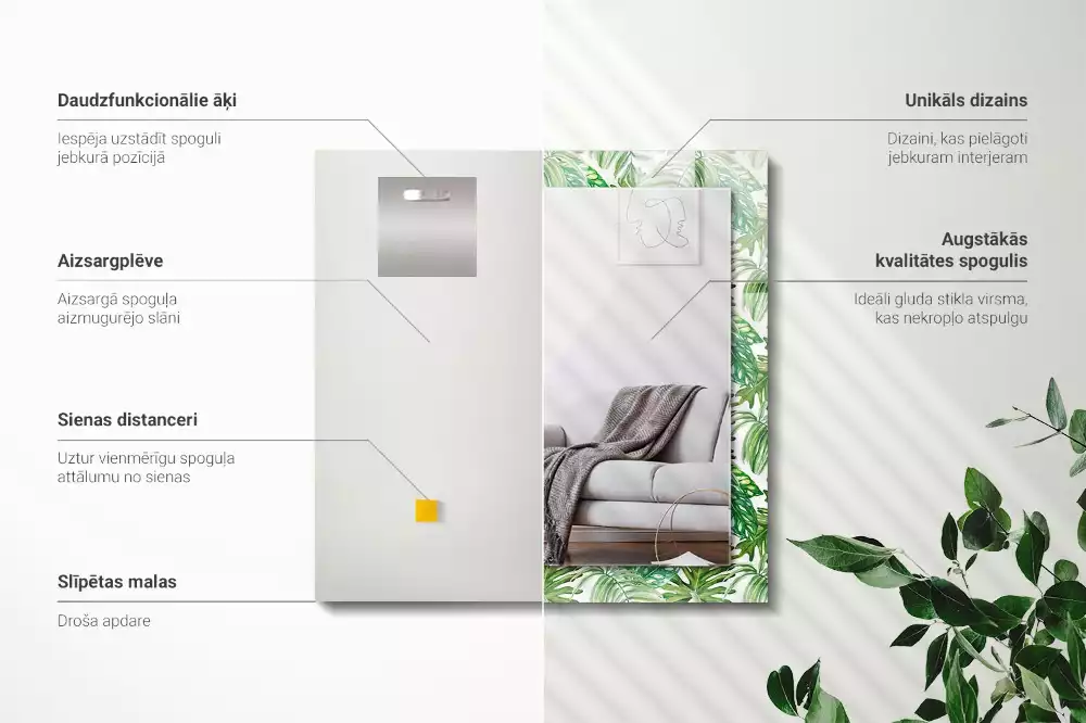 Oglindă dreptunghiulară cu ramă imprimeu frunze tropicale verzi