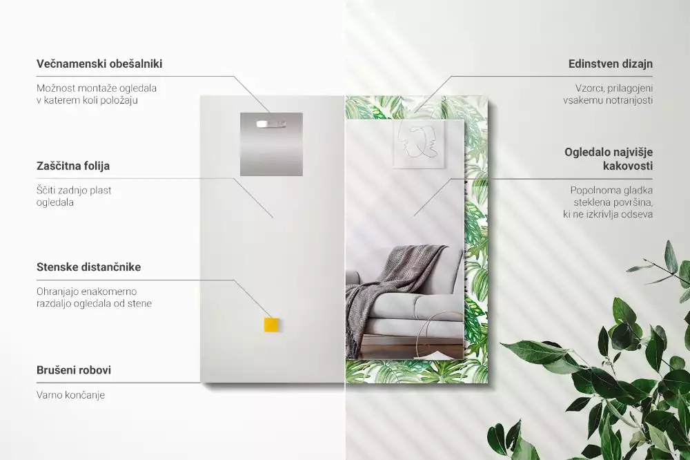 Oglindă dreptunghiulară cu ramă imprimeu frunze tropicale verzi