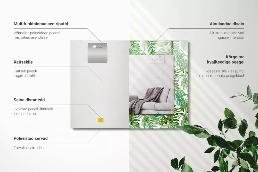 Oglindă dreptunghiulară cu ramă imprimeu frunze tropicale verzi