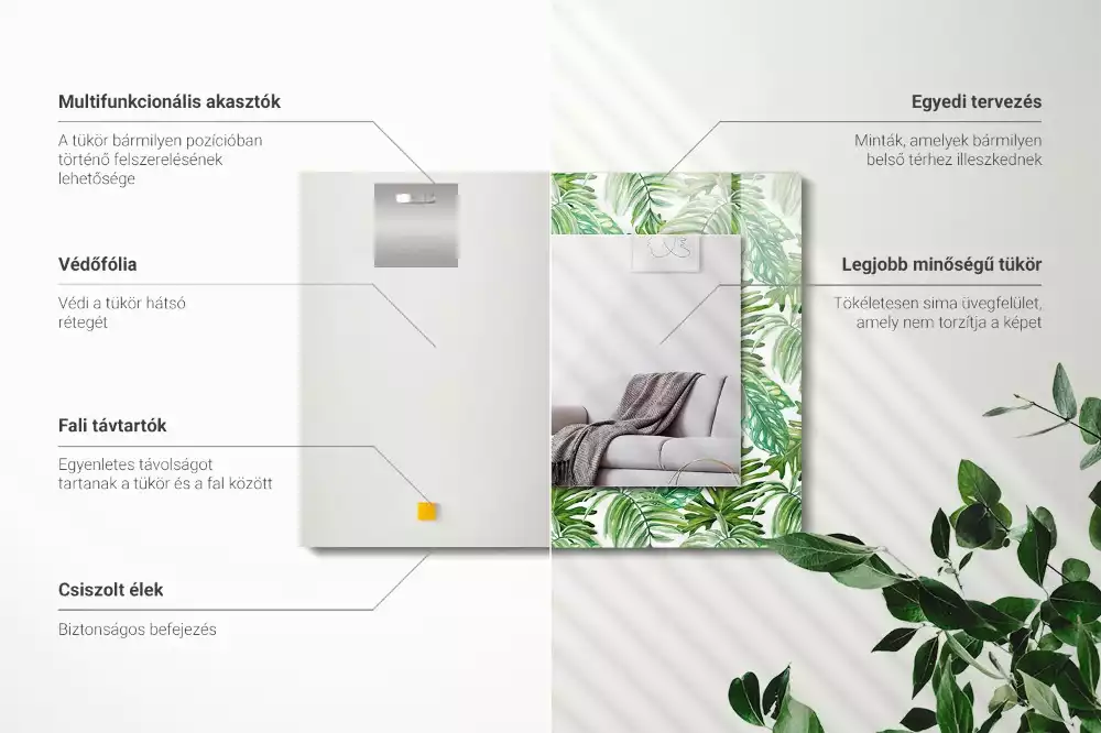 Oglindă dreptunghiulară cu ramă imprimeu frunze tropicale verzi