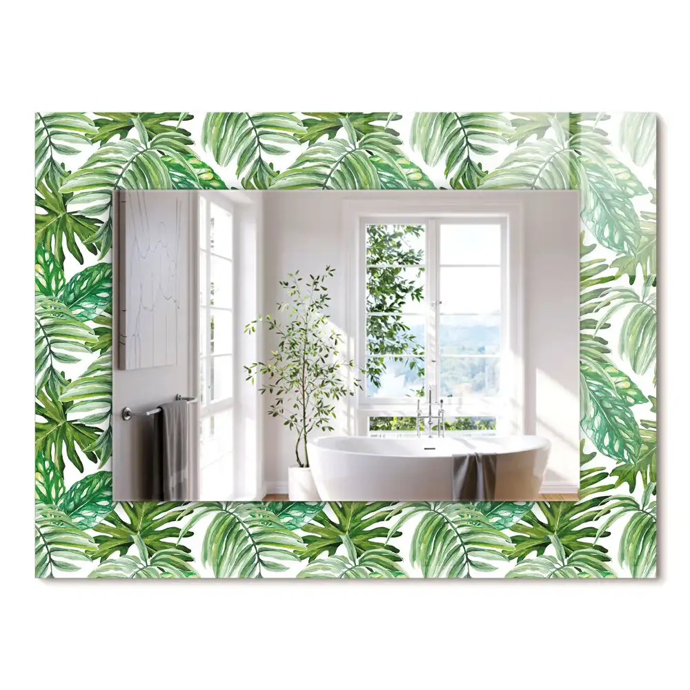 Oglindă dreptunghiulară cu ramă imprimeu frunze tropicale verzi