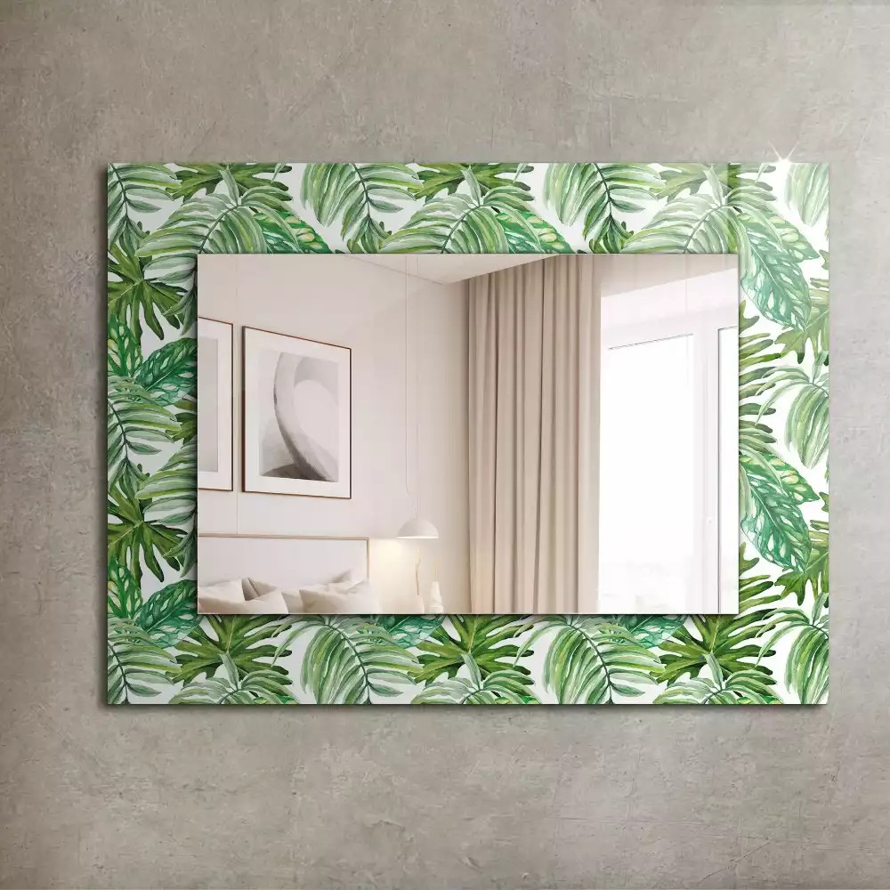 Oglindă dreptunghiulară cu ramă imprimeu frunze tropicale verzi
