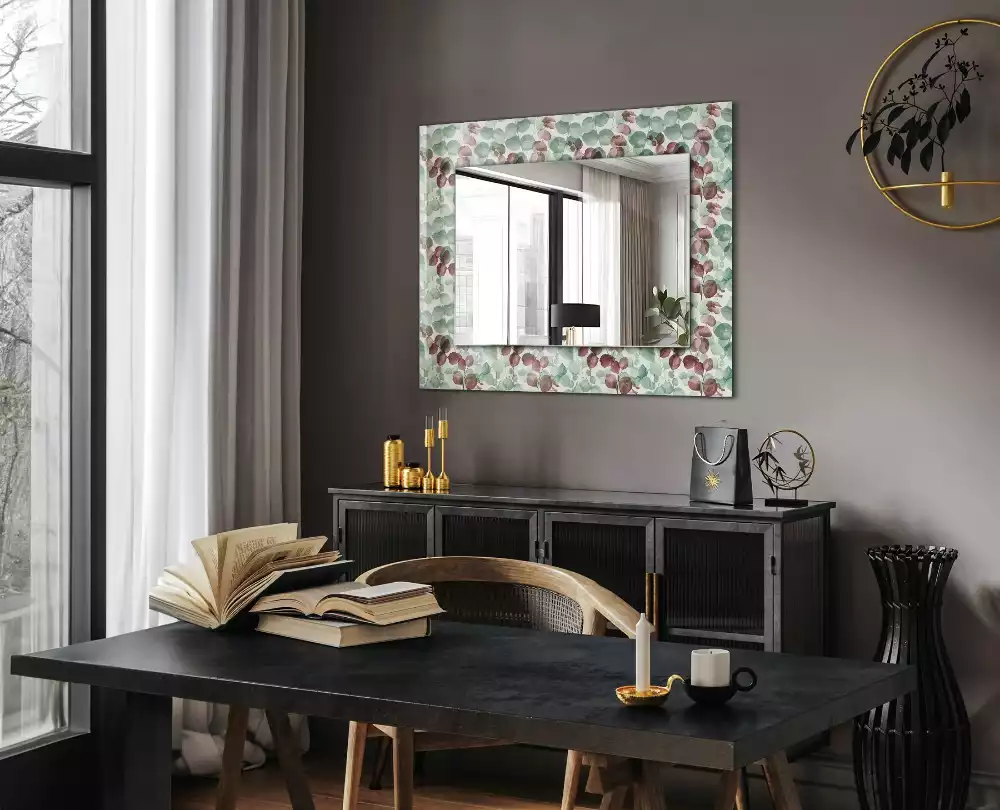 Oglindă dreptunghiulară cu decor de frunze în acuarelă