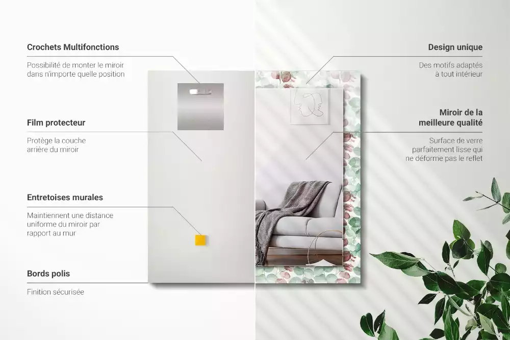 Oglindă dreptunghiulară cu decor de frunze în acuarelă