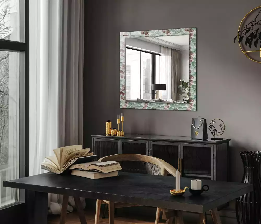 Oglindă dreptunghiulară cu decor de frunze în acuarelă