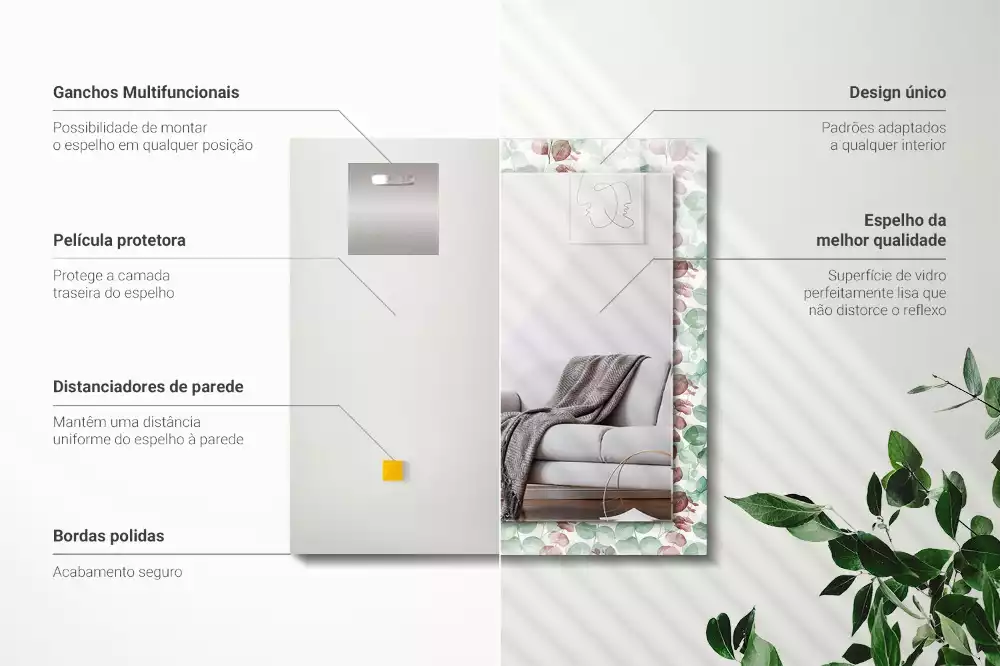 Oglindă dreptunghiulară cu decor de frunze în acuarelă
