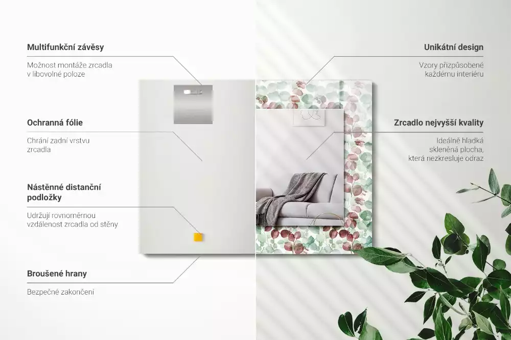 Oglindă dreptunghiulară cu decor de frunze în acuarelă