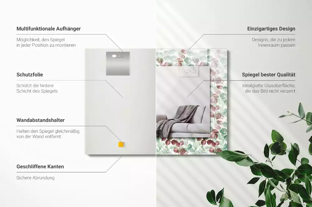 Oglindă dreptunghiulară cu decor de frunze în acuarelă