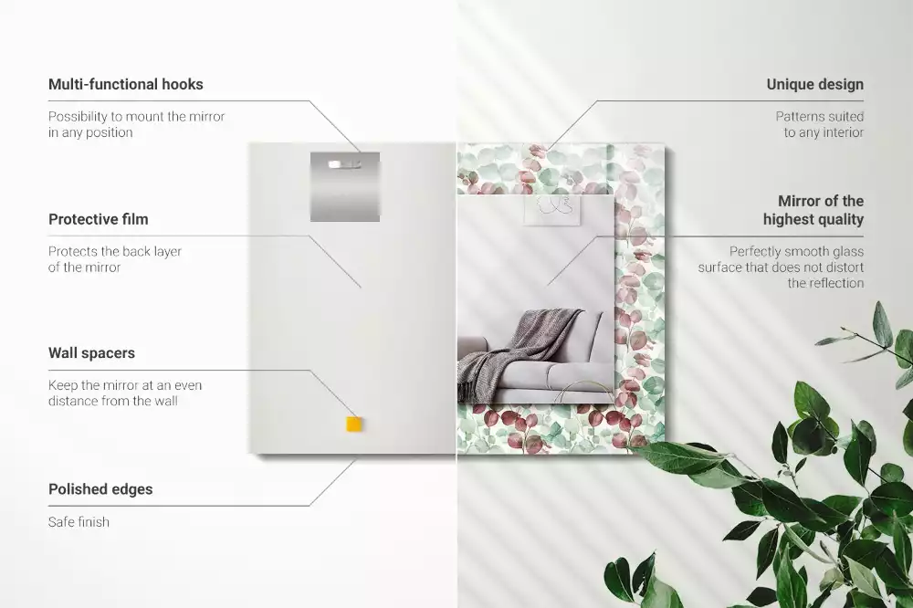 Oglindă dreptunghiulară cu decor de frunze în acuarelă