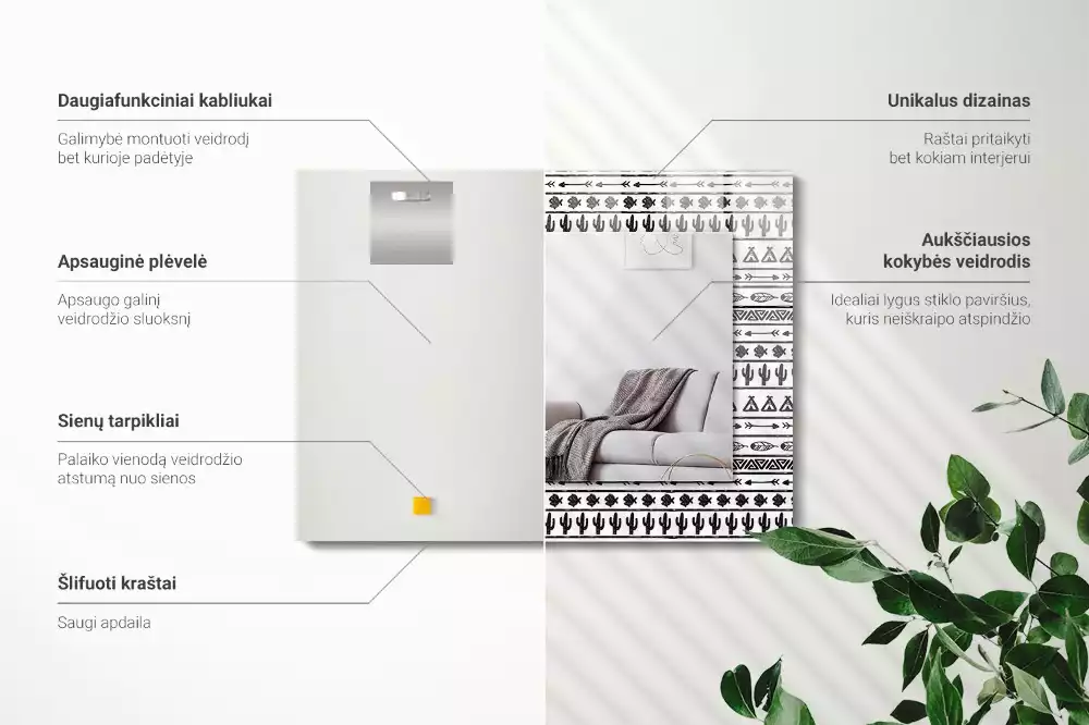 Oglindă decorativă de perete dreptunghiulară cu model cactuși și săgeți tipi