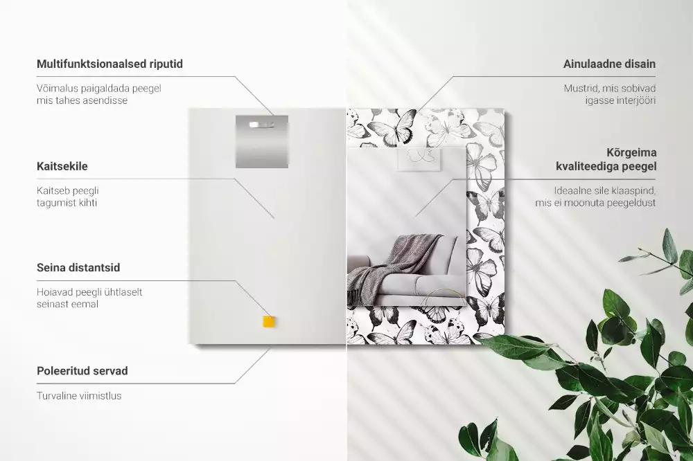 Oglindă dreptunghiulară cu imprimeu fluturi alb-negru