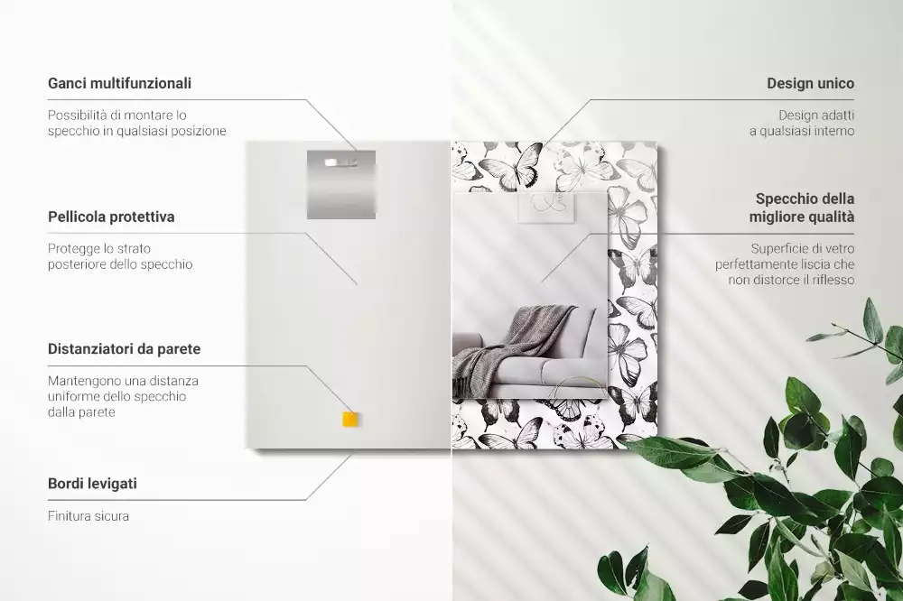 Oglindă dreptunghiulară cu imprimeu fluturi alb-negru
