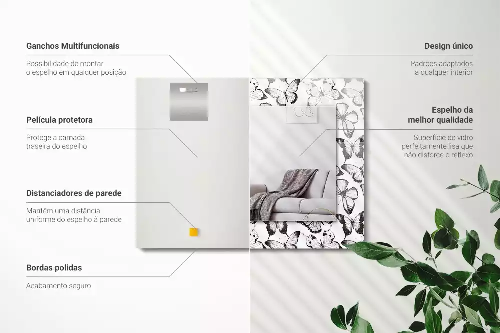 Oglindă dreptunghiulară cu imprimeu fluturi alb-negru