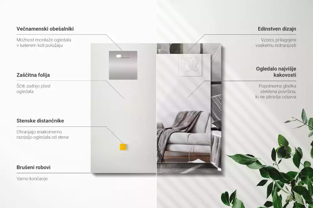 Oglindă dreptunghiulară cu ramă imprimată cu frunze de bananier