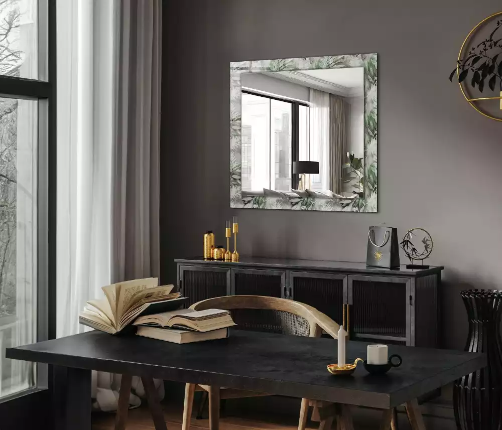 Oglindă dreptunghiulară cu decor frunze verzi