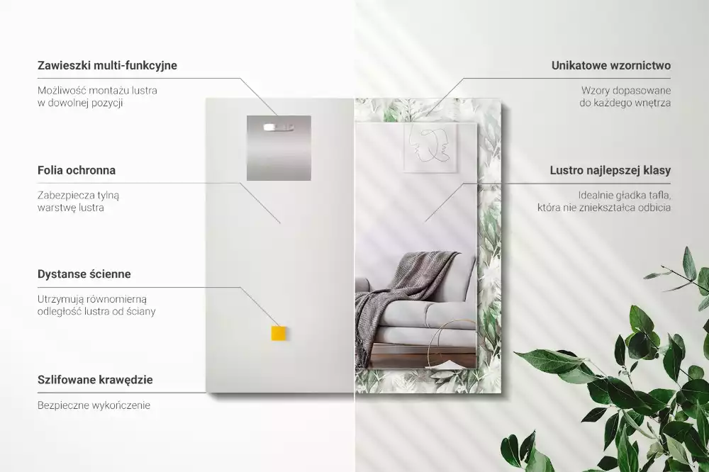 Oglindă dreptunghiulară cu decor frunze verzi