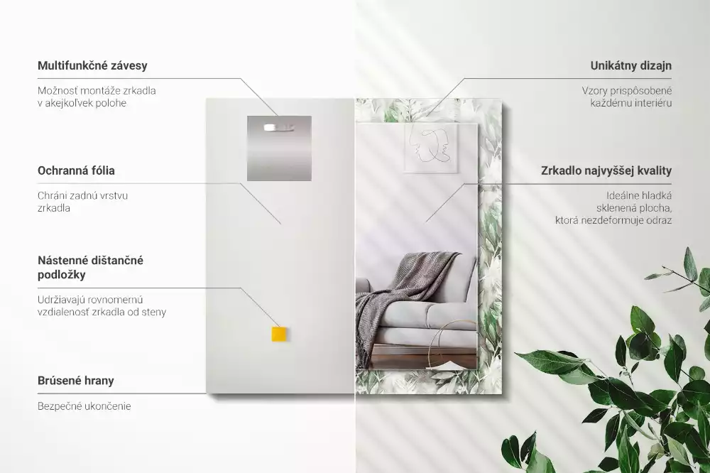 Oglindă dreptunghiulară cu decor frunze verzi