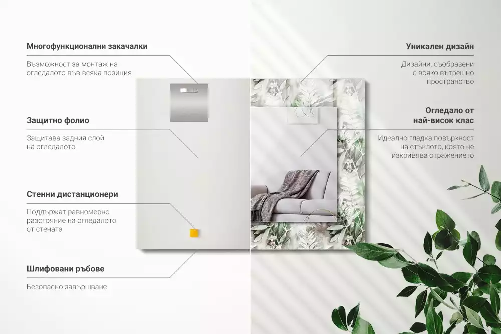 Oglindă dreptunghiulară cu decor frunze verzi