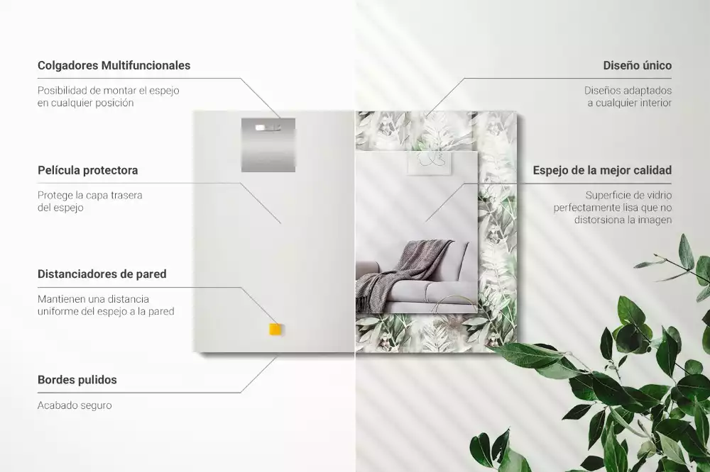 Oglindă dreptunghiulară cu decor frunze verzi