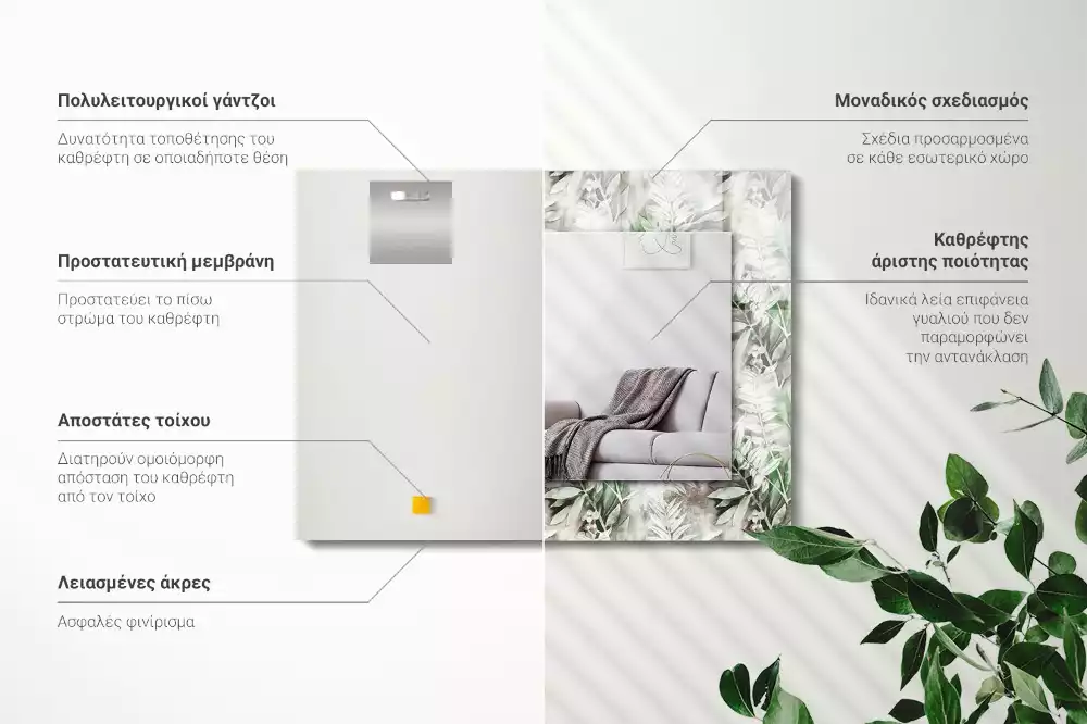 Oglindă dreptunghiulară cu decor frunze verzi
