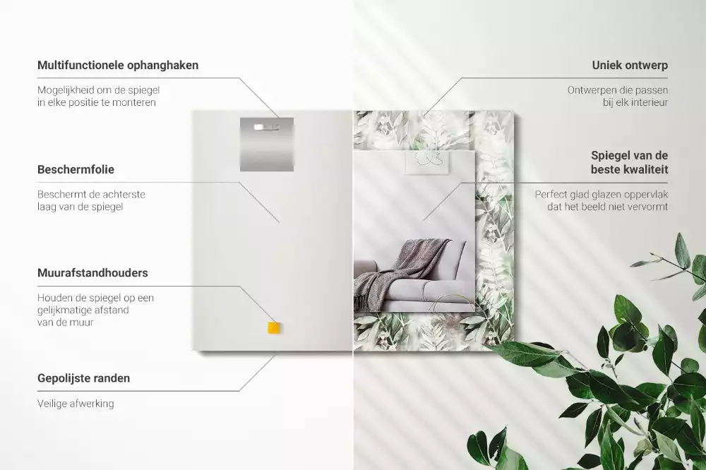 Oglindă dreptunghiulară cu decor frunze verzi