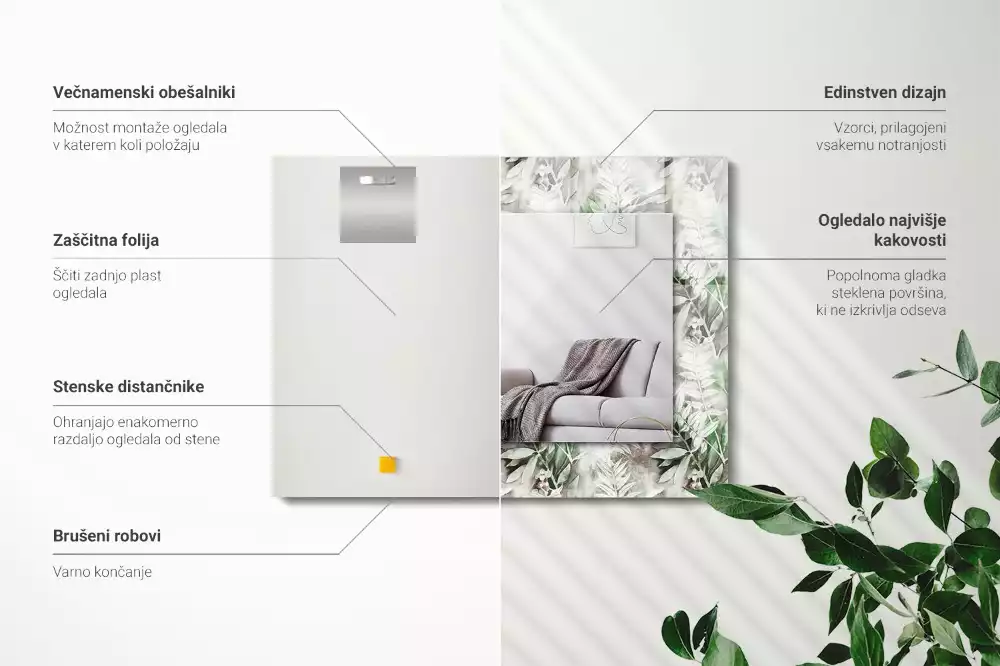 Oglindă dreptunghiulară cu decor frunze verzi