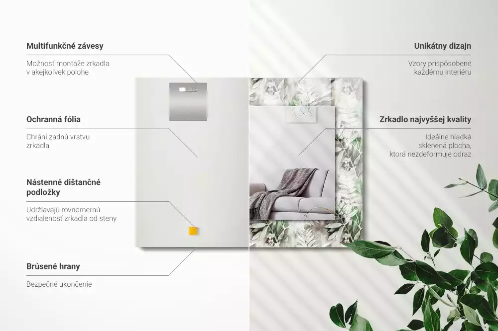 Oglindă dreptunghiulară cu decor frunze verzi