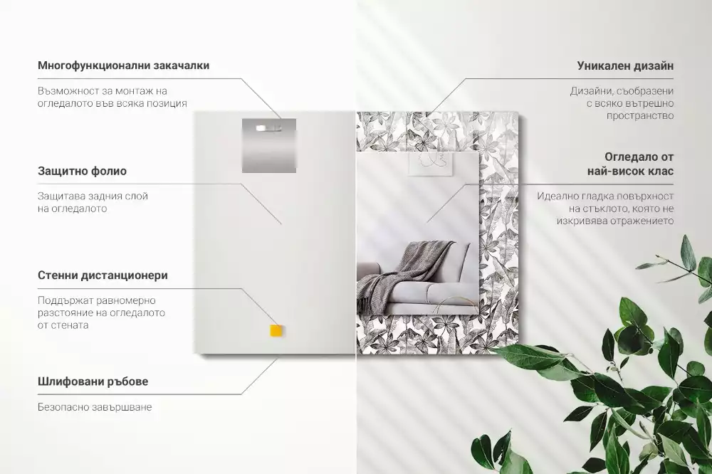 Oglindă dreptunghiulară decorativă cu frunze și flori