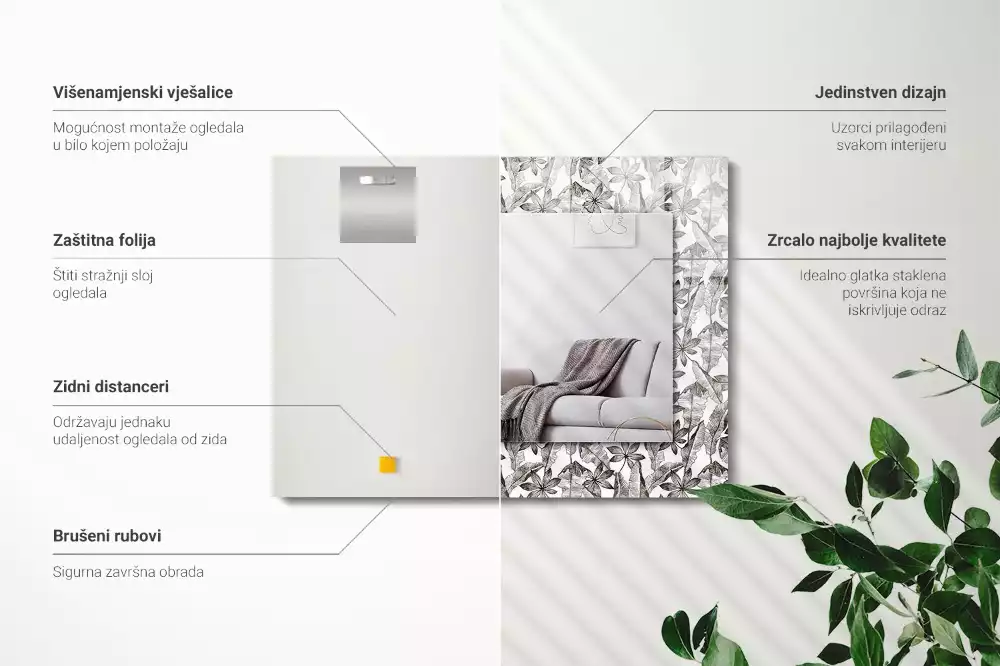 Oglindă dreptunghiulară decorativă cu frunze și flori