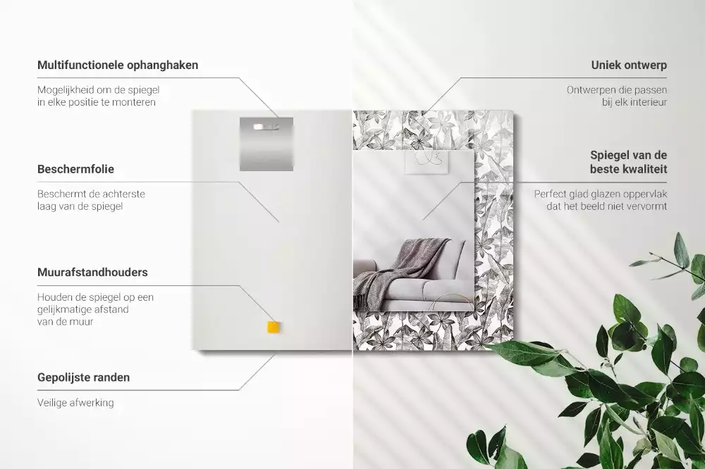 Oglindă dreptunghiulară decorativă cu frunze și flori