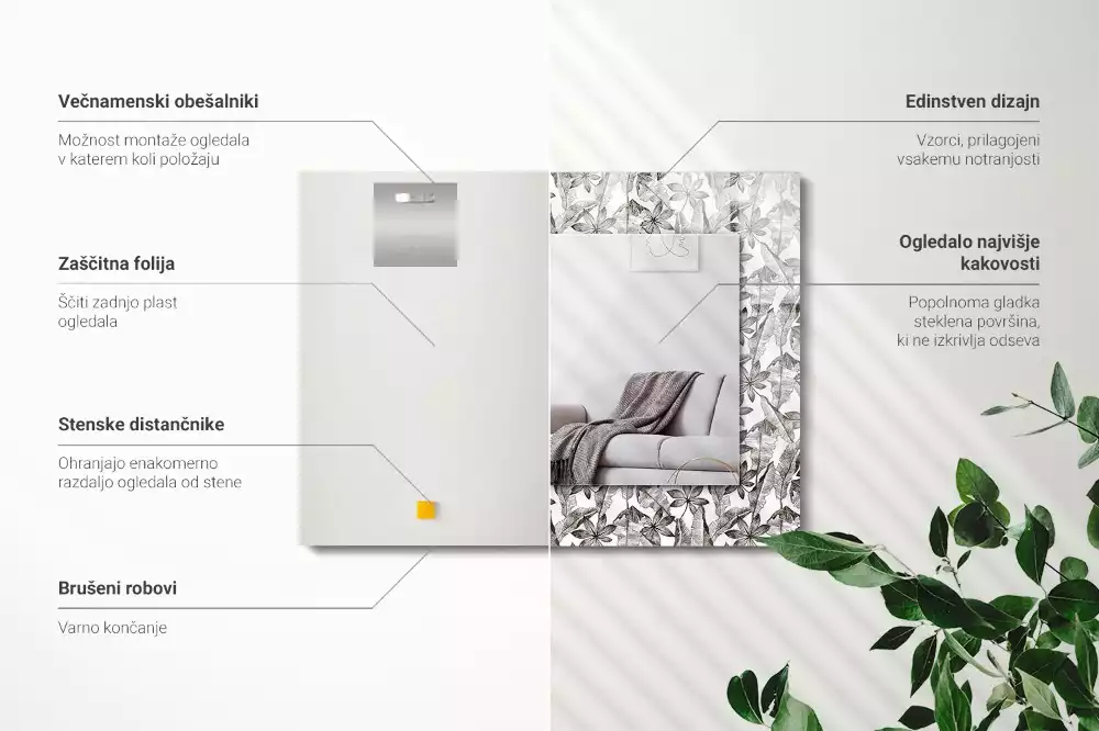 Oglindă dreptunghiulară decorativă cu frunze și flori