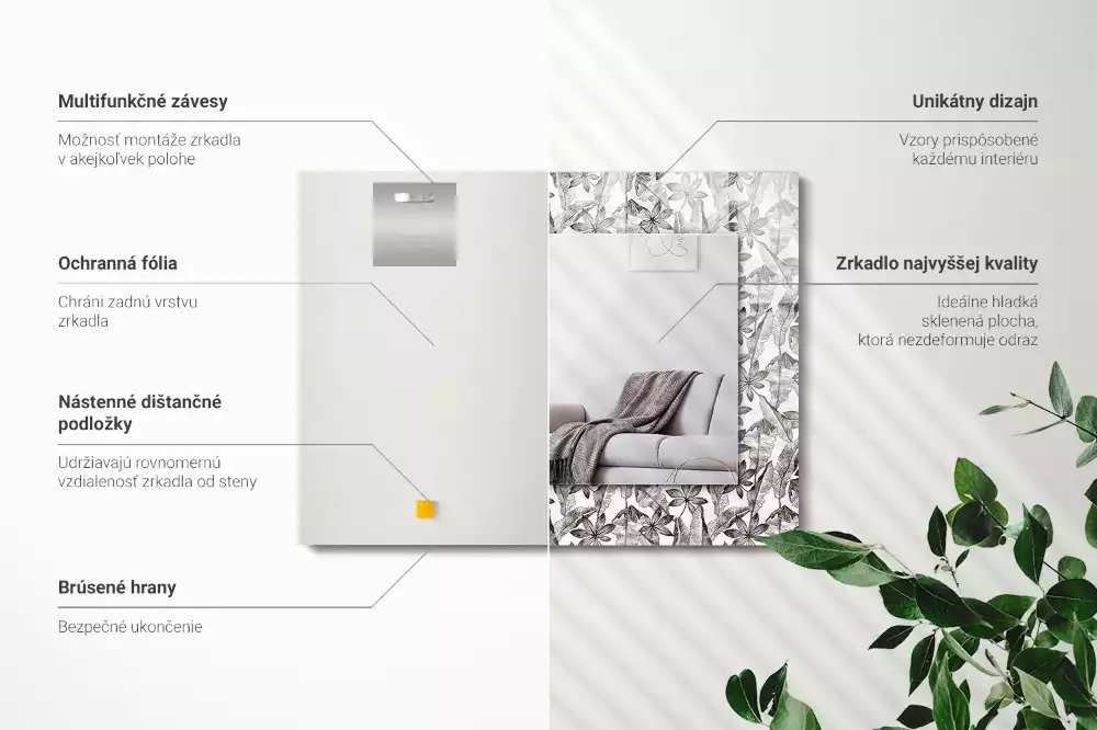 Oglindă dreptunghiulară decorativă cu frunze și flori