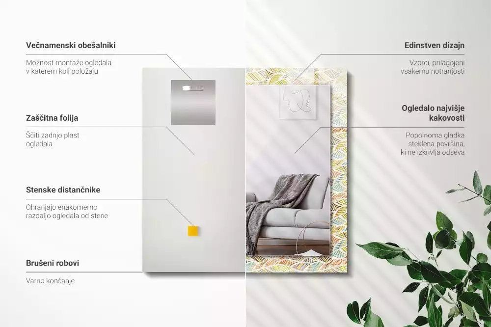 Oglindă dreptunghiulară cu imprimeu de frunze colorate în valuri