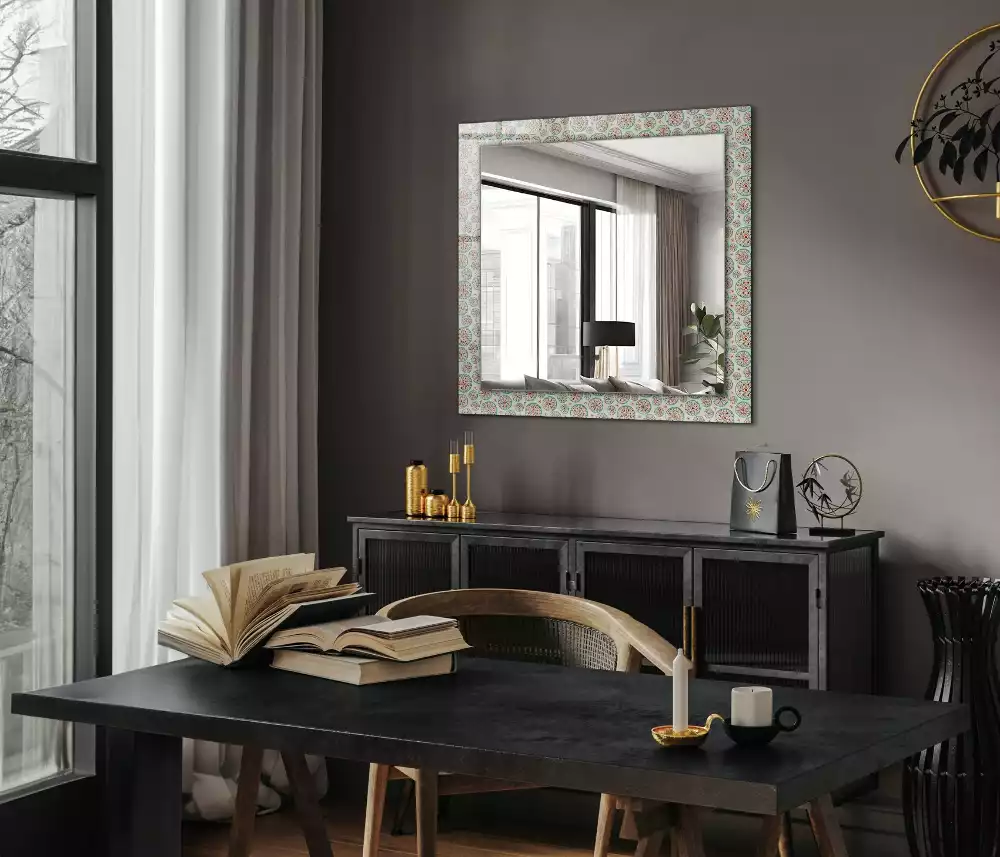 Oglindă dreptunghiulară cu ramă imprimată cu model de cercuri colorate