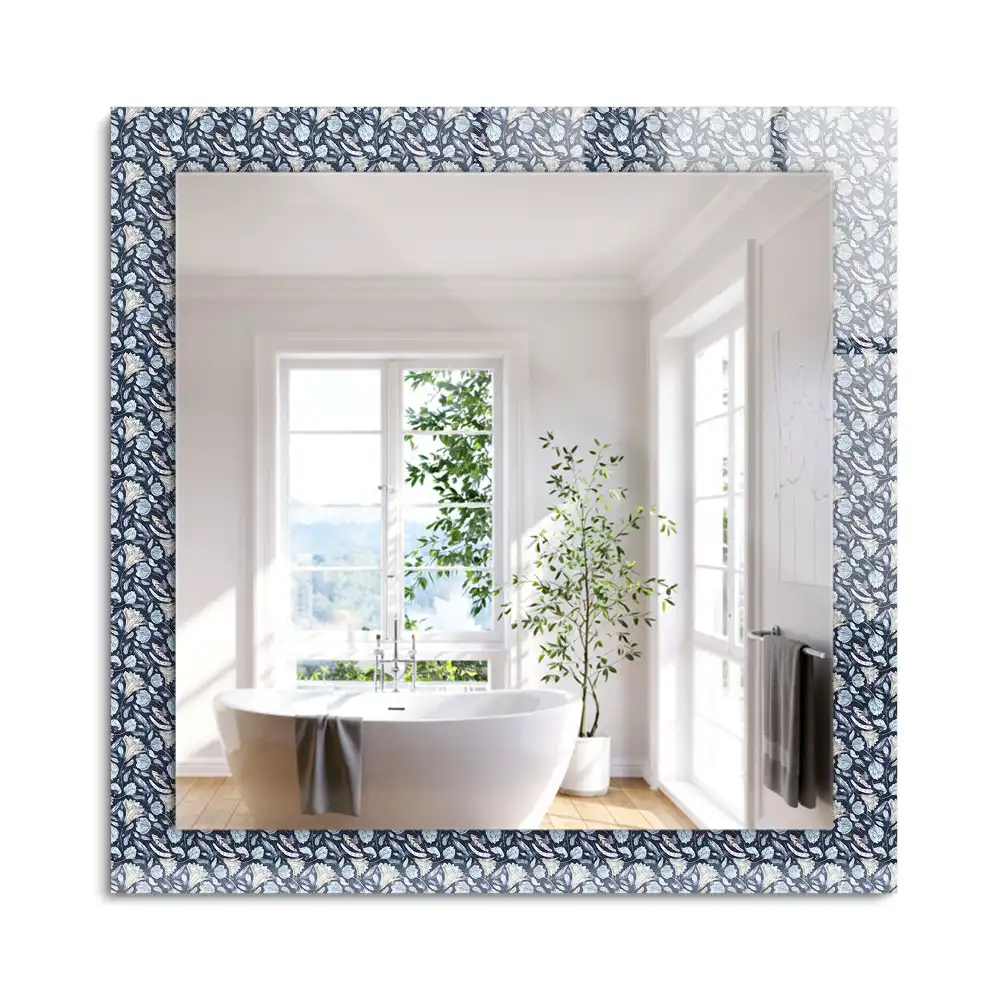 Oglindă decorativă de perete dreptunghiulară cu model floral albastru