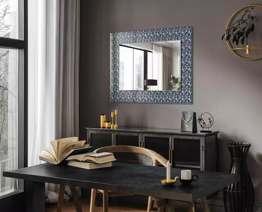 Oglindă decorativă de perete dreptunghiulară cu model floral albastru