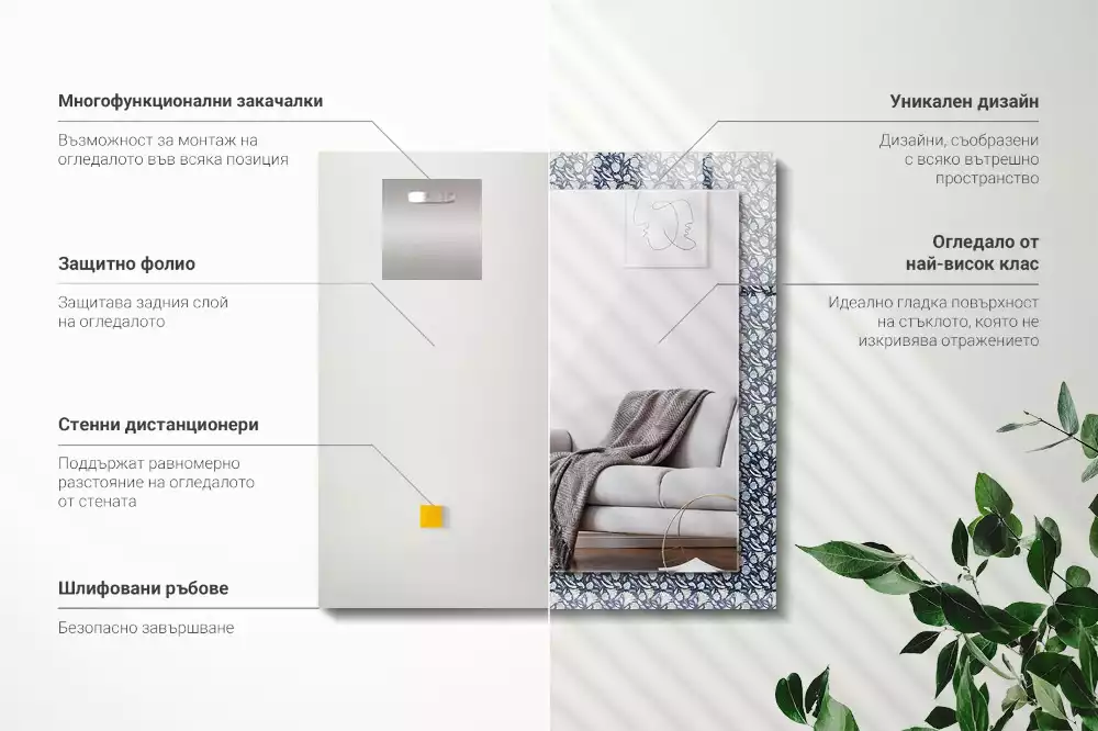 Oglindă decorativă de perete dreptunghiulară cu model floral albastru