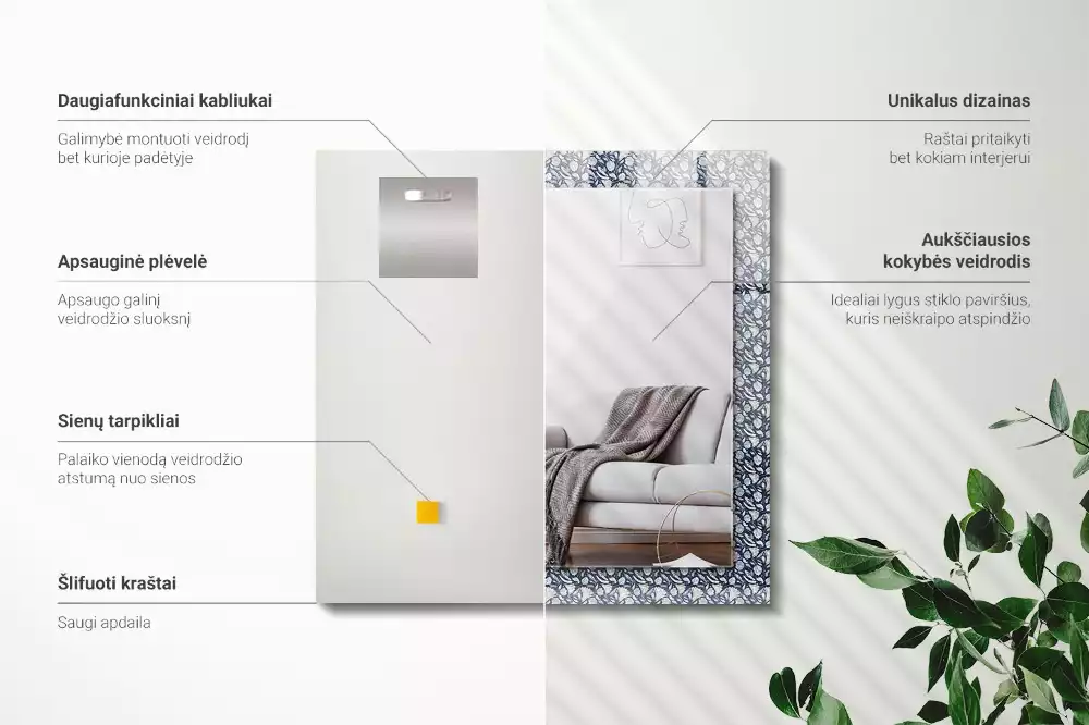 Oglindă decorativă de perete dreptunghiulară cu model floral albastru