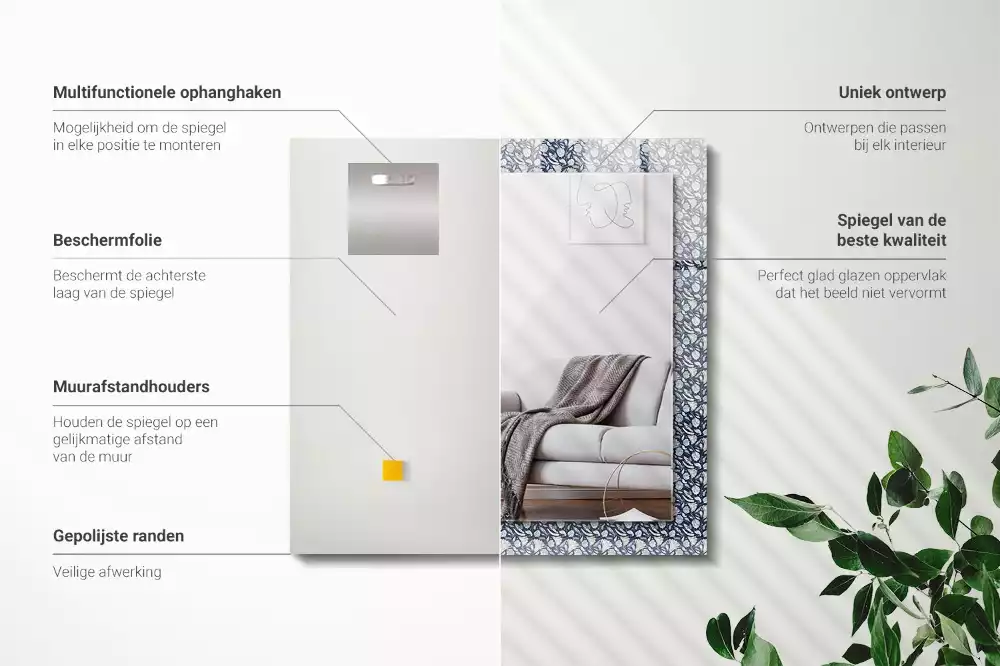 Oglindă decorativă de perete dreptunghiulară cu model floral albastru