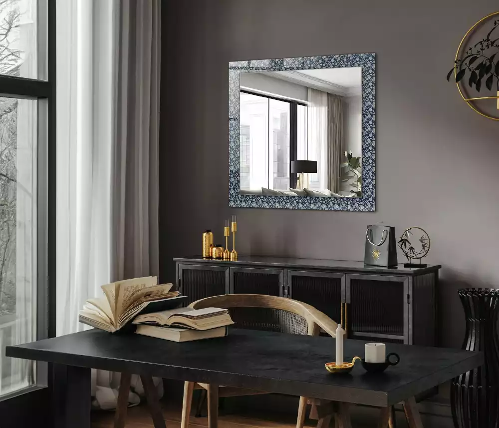 Oglindă decorativă de perete dreptunghiulară cu model floral albastru