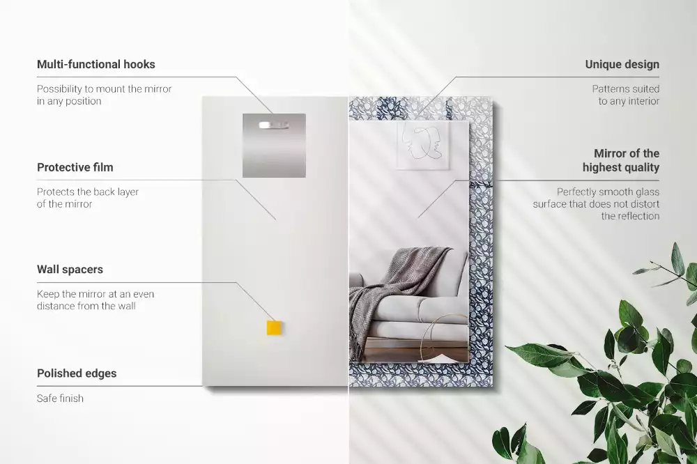 Oglindă decorativă de perete dreptunghiulară cu model floral albastru